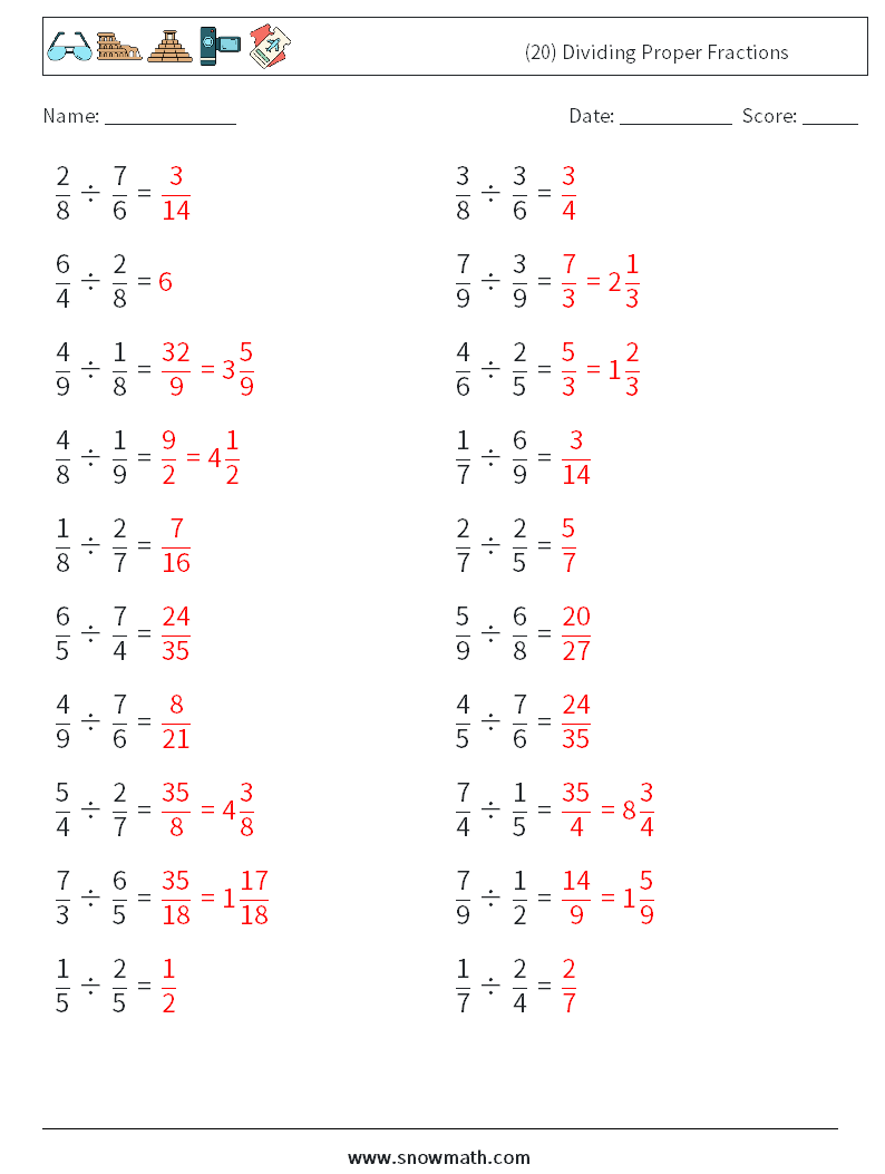 (20) Dividing Proper Fractions Math Worksheets 7 Question, Answer