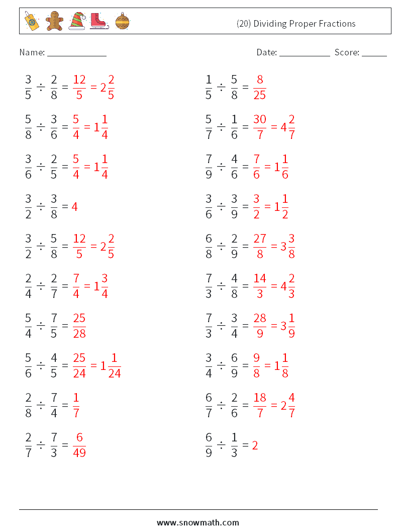 (20) Dividing Proper Fractions Math Worksheets 8 Question, Answer