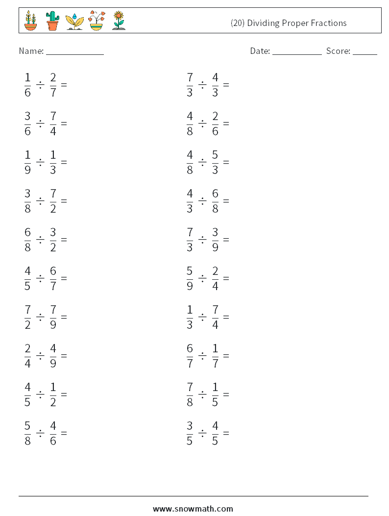 (20) Dividing Proper Fractions Math Worksheets 9