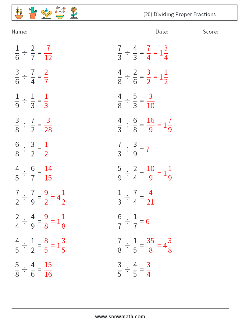 (20) Dividing Proper Fractions Math Worksheets 9 Question, Answer