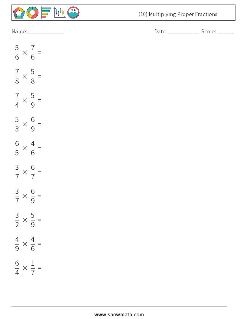(10) Multiplying Proper Fractions Math Worksheets 10