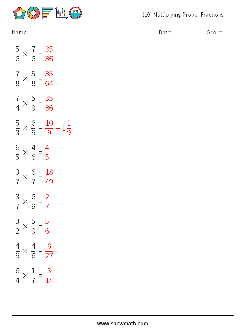 (10) Multiplying Proper Fractions Math Worksheets 10 Question, Answer