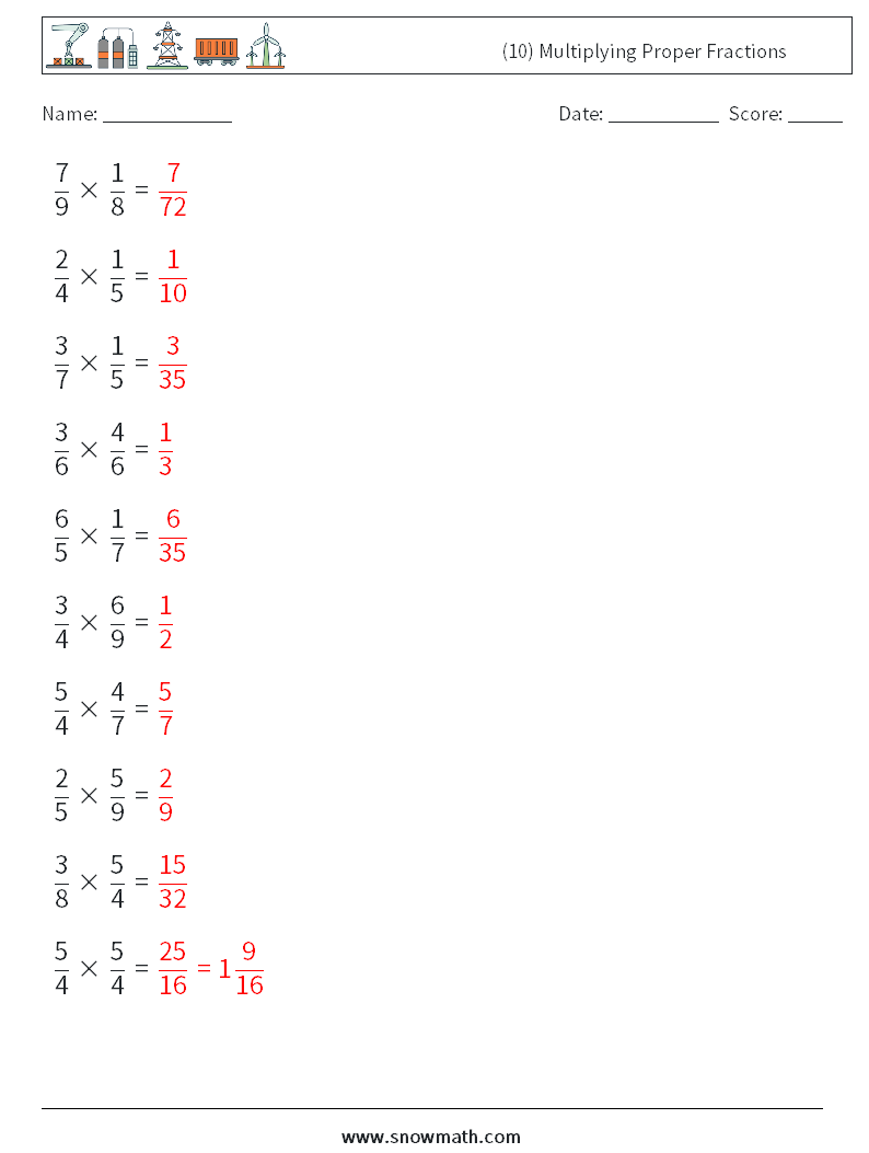 (10) Multiplying Proper Fractions Math Worksheets 11 Question, Answer