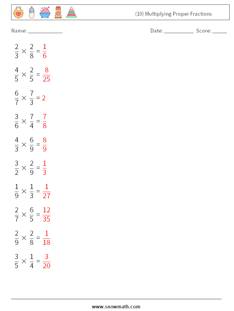 (10) Multiplying Proper Fractions Math Worksheets 12 Question, Answer