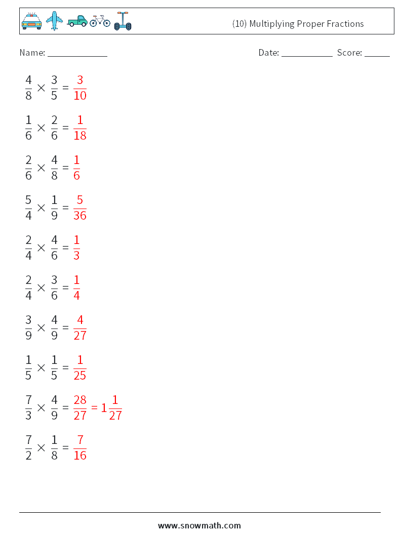 (10) Multiplying Proper Fractions Math Worksheets 13 Question, Answer