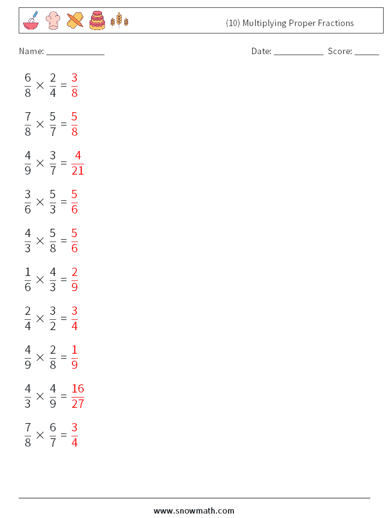 (10) Multiplying Proper Fractions Math Worksheets 14 Question, Answer