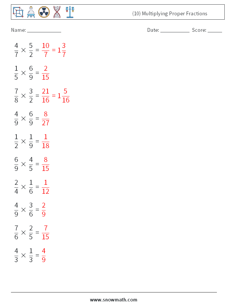 (10) Multiplying Proper Fractions Math Worksheets 15 Question, Answer