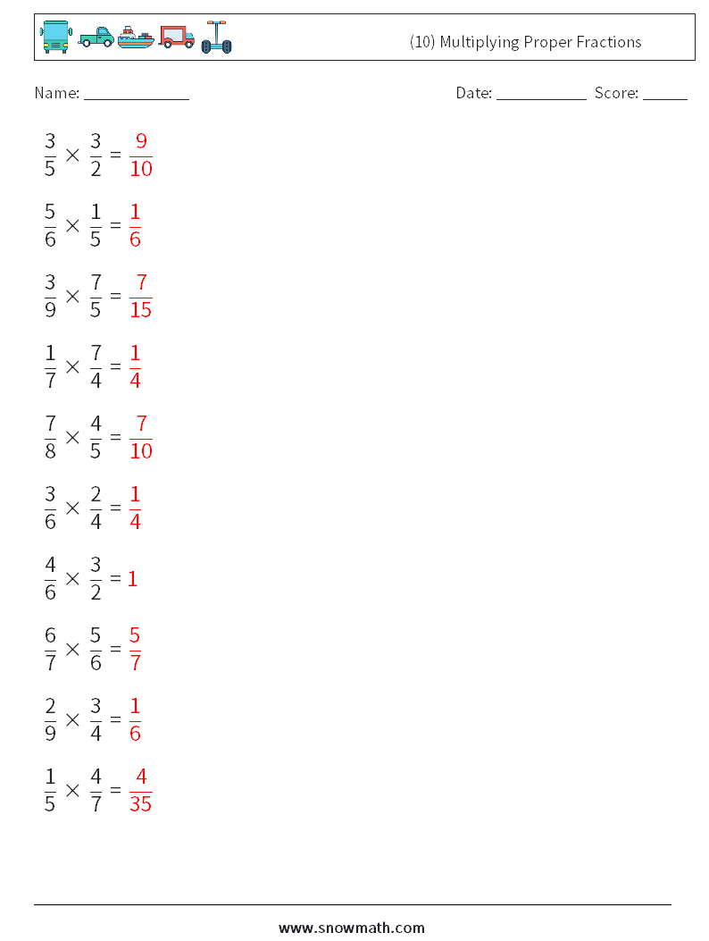(10) Multiplying Proper Fractions Math Worksheets 16 Question, Answer