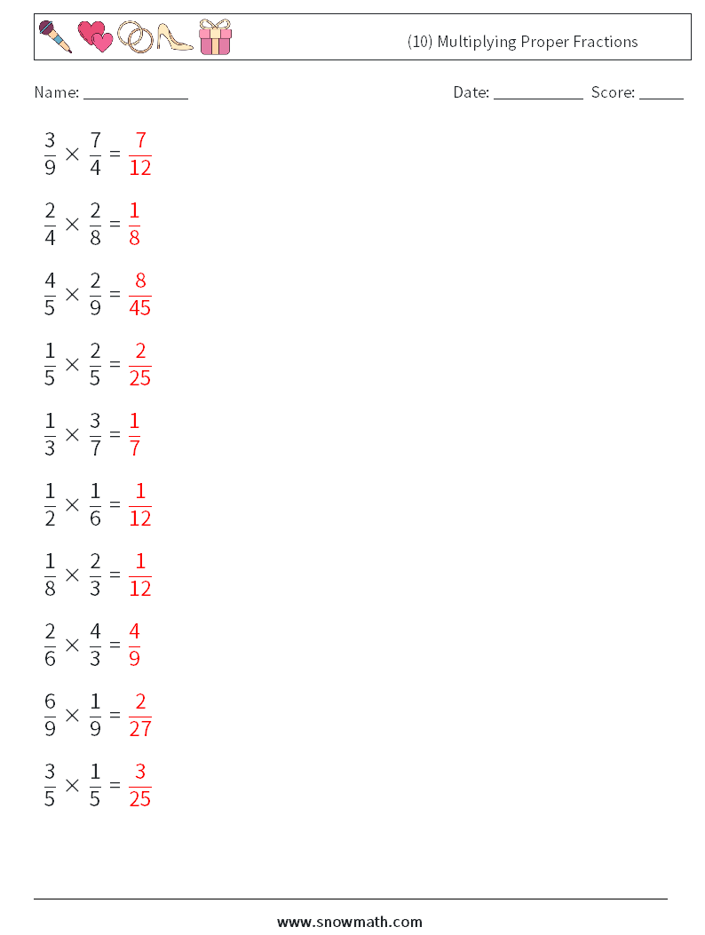 (10) Multiplying Proper Fractions Math Worksheets 18 Question, Answer