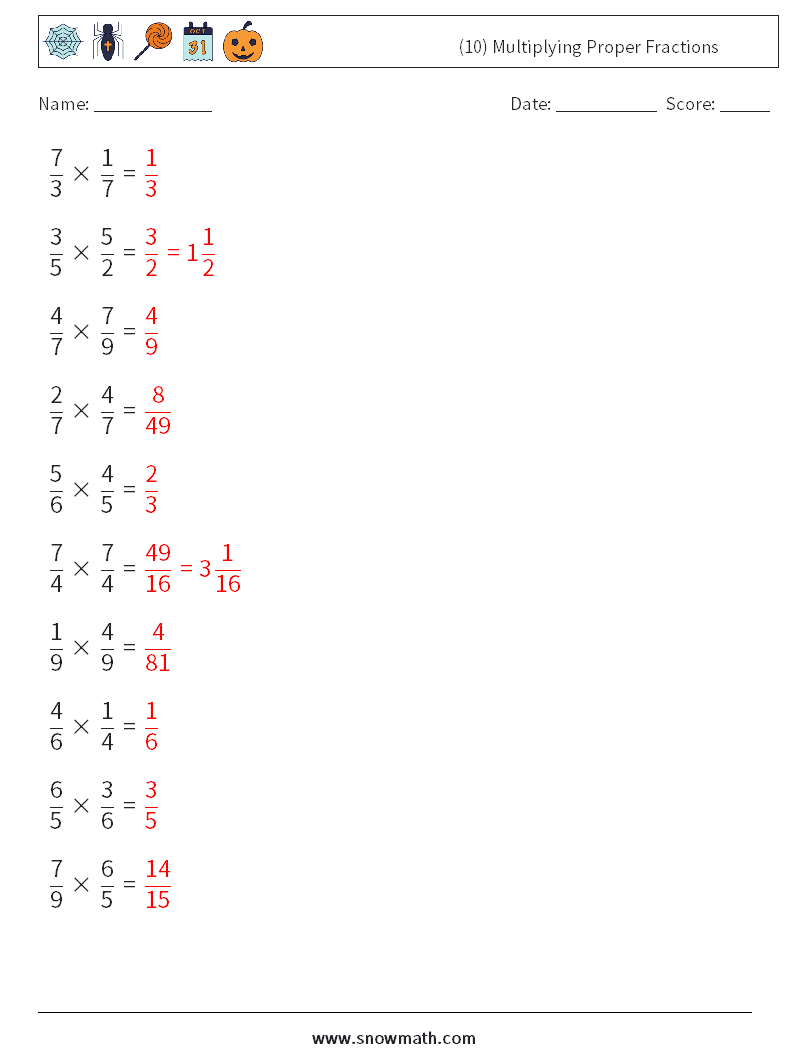 (10) Multiplying Proper Fractions Math Worksheets 1 Question, Answer