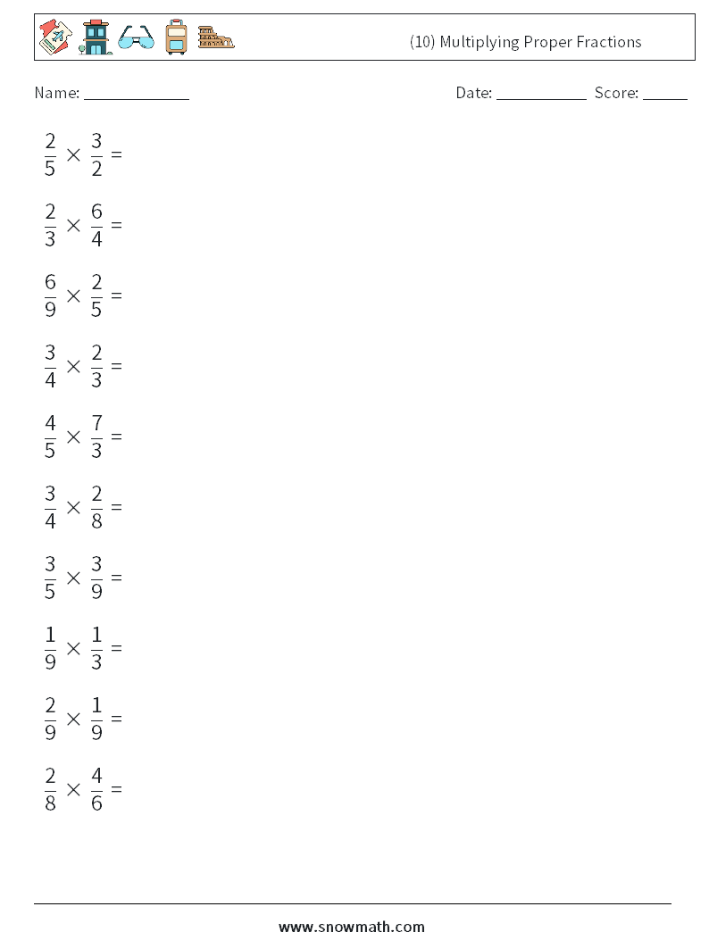 (10) Multiplying Proper Fractions Math Worksheets 2