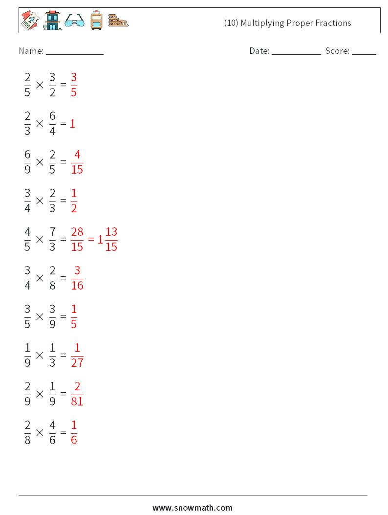 (10) Multiplying Proper Fractions Math Worksheets 2 Question, Answer