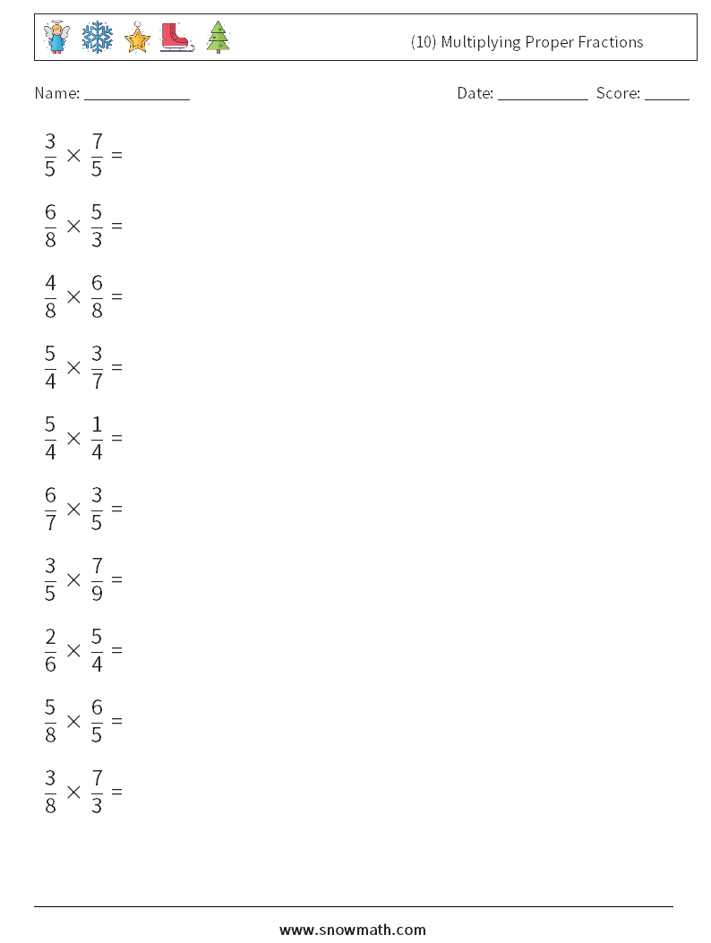 (10) Multiplying Proper Fractions Math Worksheets 3