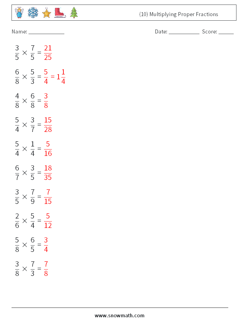 (10) Multiplying Proper Fractions Math Worksheets 3 Question, Answer