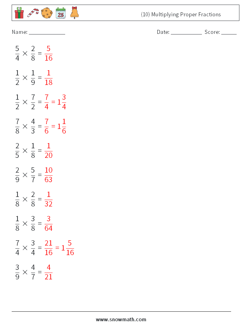(10) Multiplying Proper Fractions Math Worksheets 4 Question, Answer
