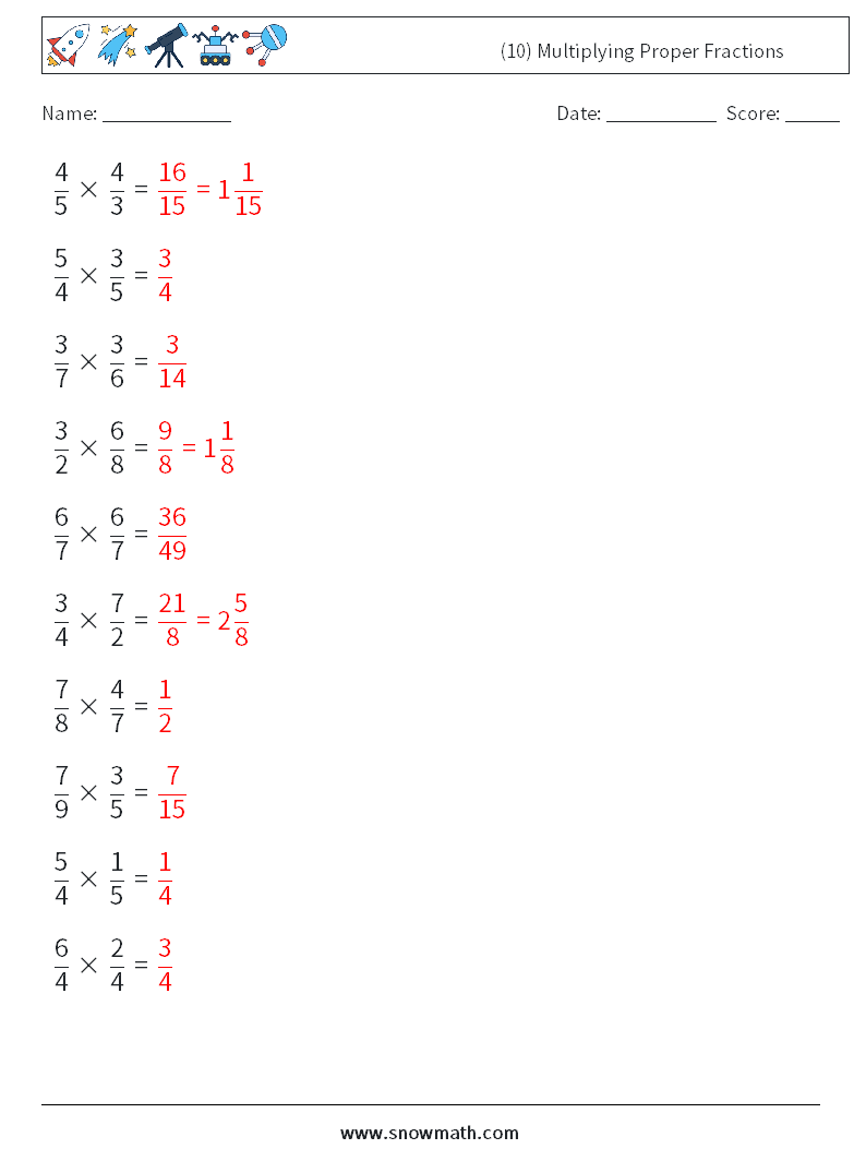 (10) Multiplying Proper Fractions Math Worksheets 5 Question, Answer