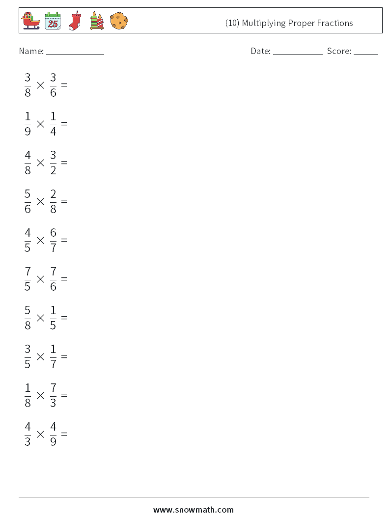 (10) Multiplying Proper Fractions Math Worksheets 6