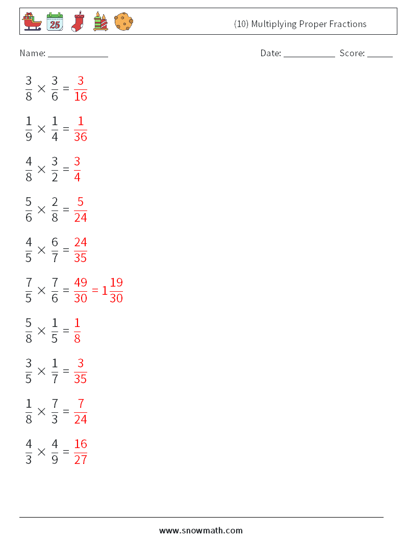 (10) Multiplying Proper Fractions Math Worksheets 6 Question, Answer