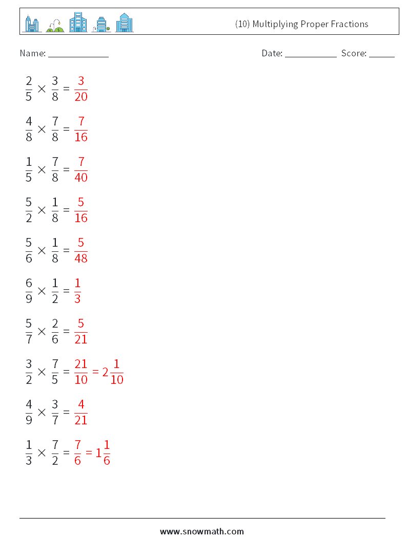 (10) Multiplying Proper Fractions Math Worksheets 7 Question, Answer