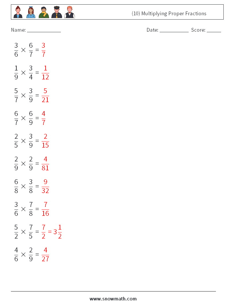 (10) Multiplying Proper Fractions Math Worksheets 8 Question, Answer