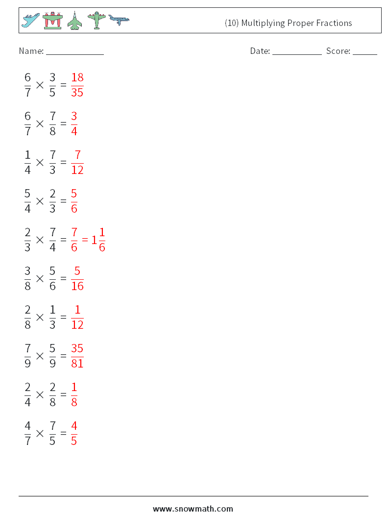 (10) Multiplying Proper Fractions Math Worksheets 9 Question, Answer