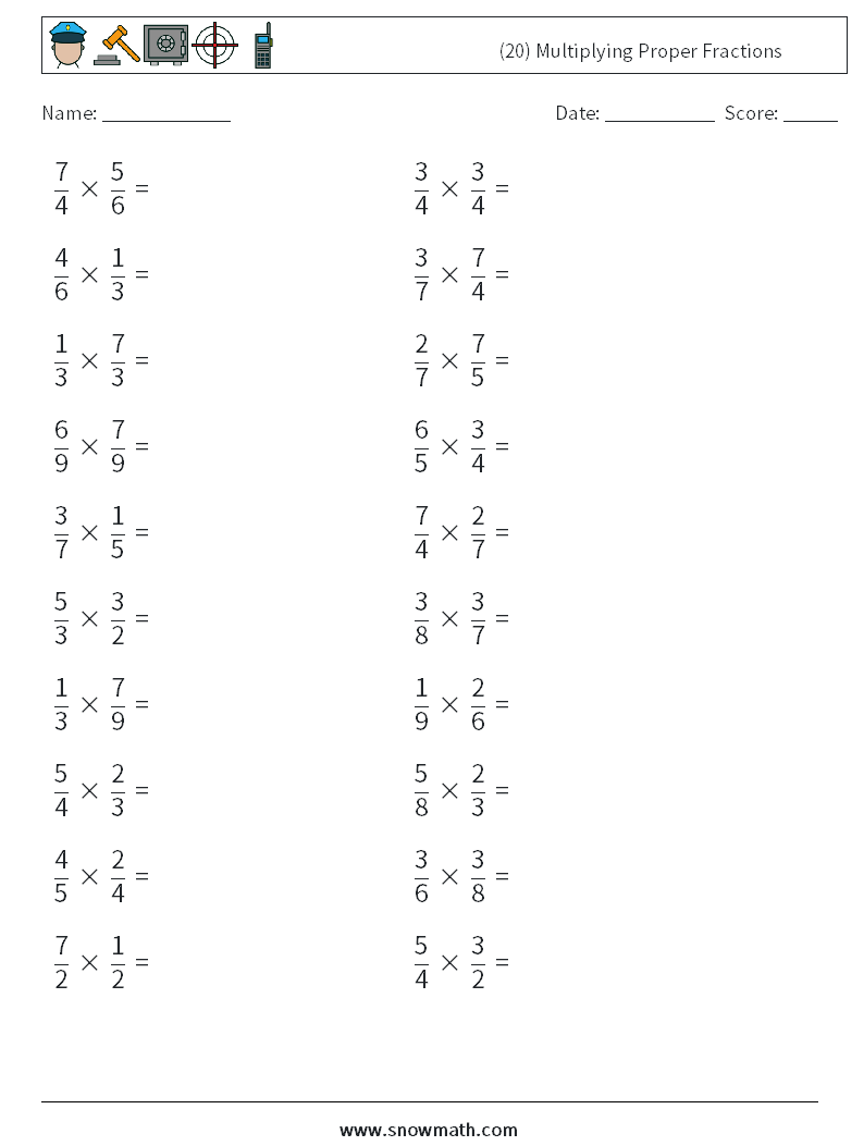 (20) Multiplying Proper Fractions Math Worksheets 1