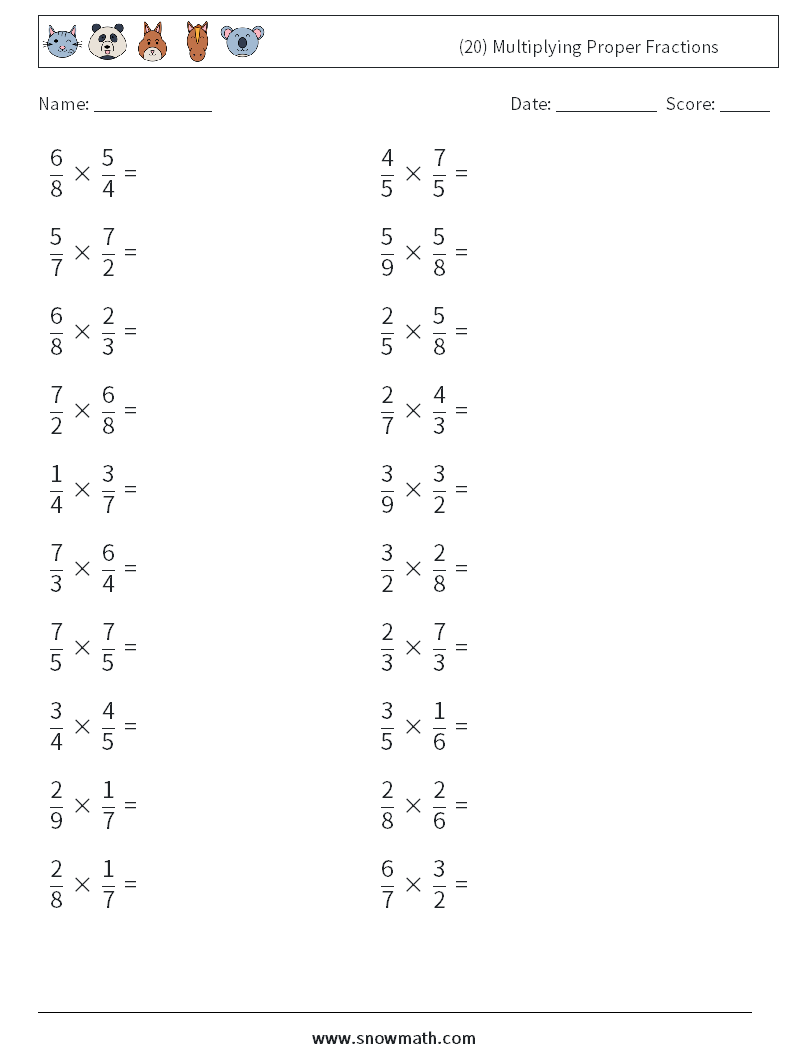 (20) Multiplying Proper Fractions Math Worksheets 10
