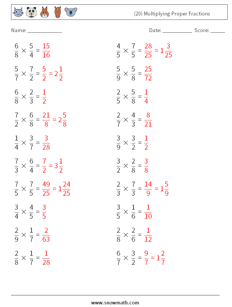 (20) Multiplying Proper Fractions Math Worksheets 10 Question, Answer