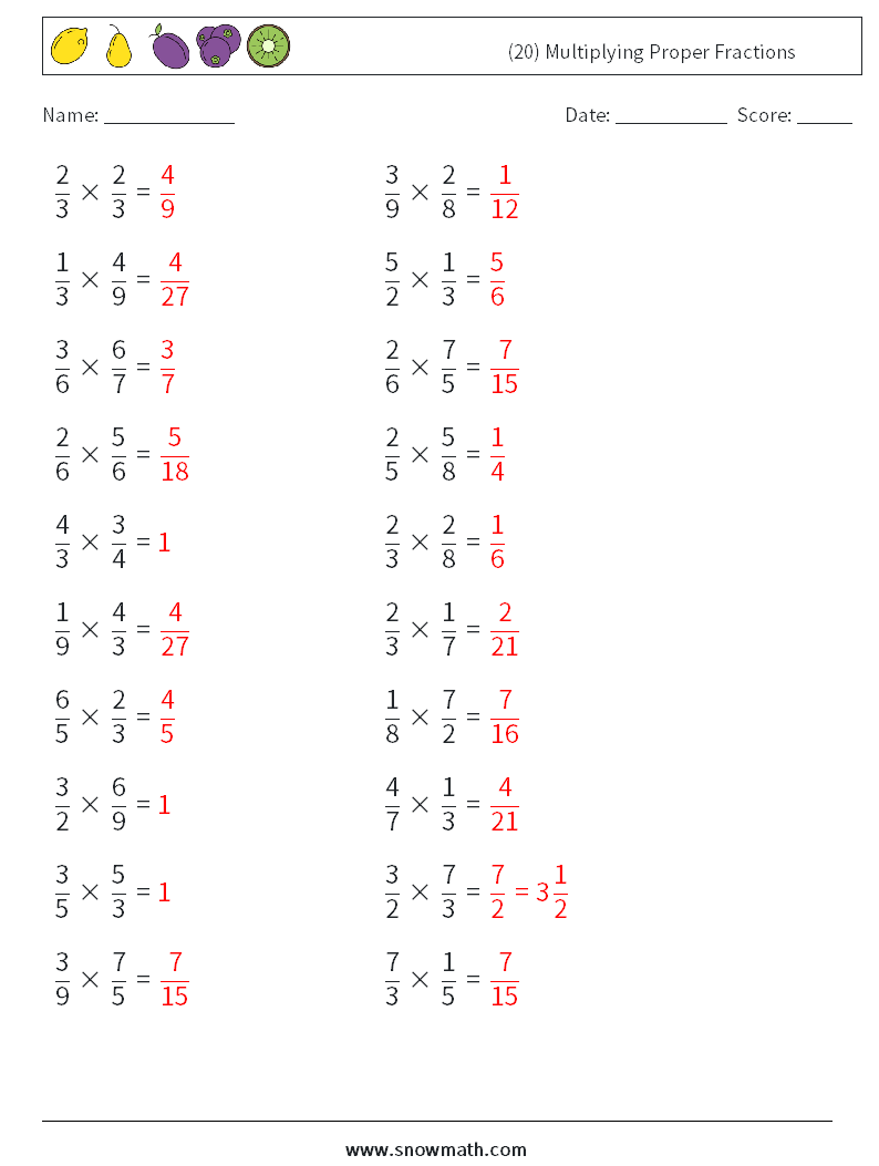 (20) Multiplying Proper Fractions Math Worksheets 11 Question, Answer