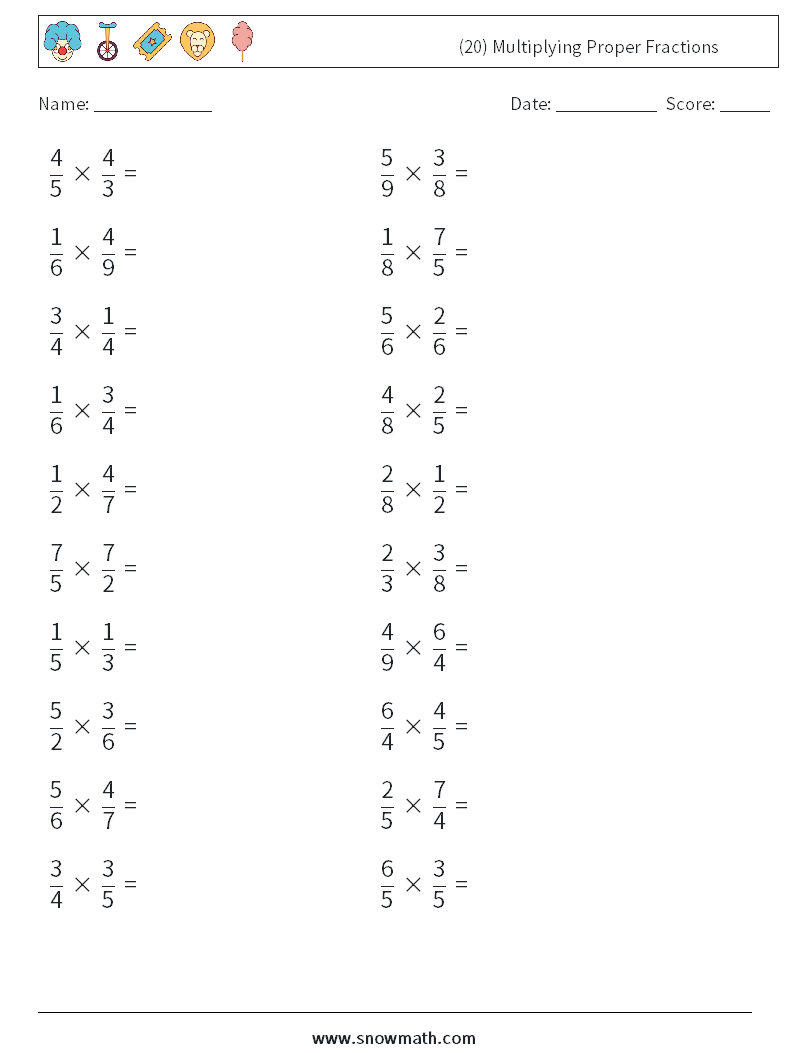 (20) Multiplying Proper Fractions Math Worksheets 12