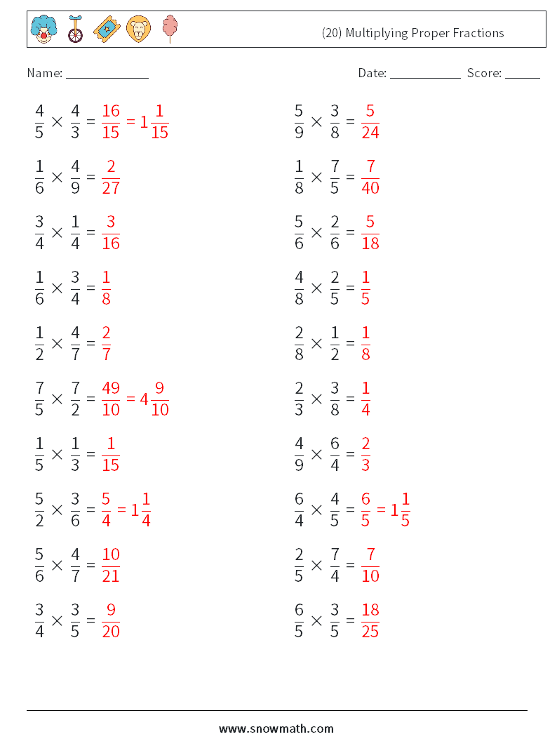 (20) Multiplying Proper Fractions Math Worksheets 12 Question, Answer