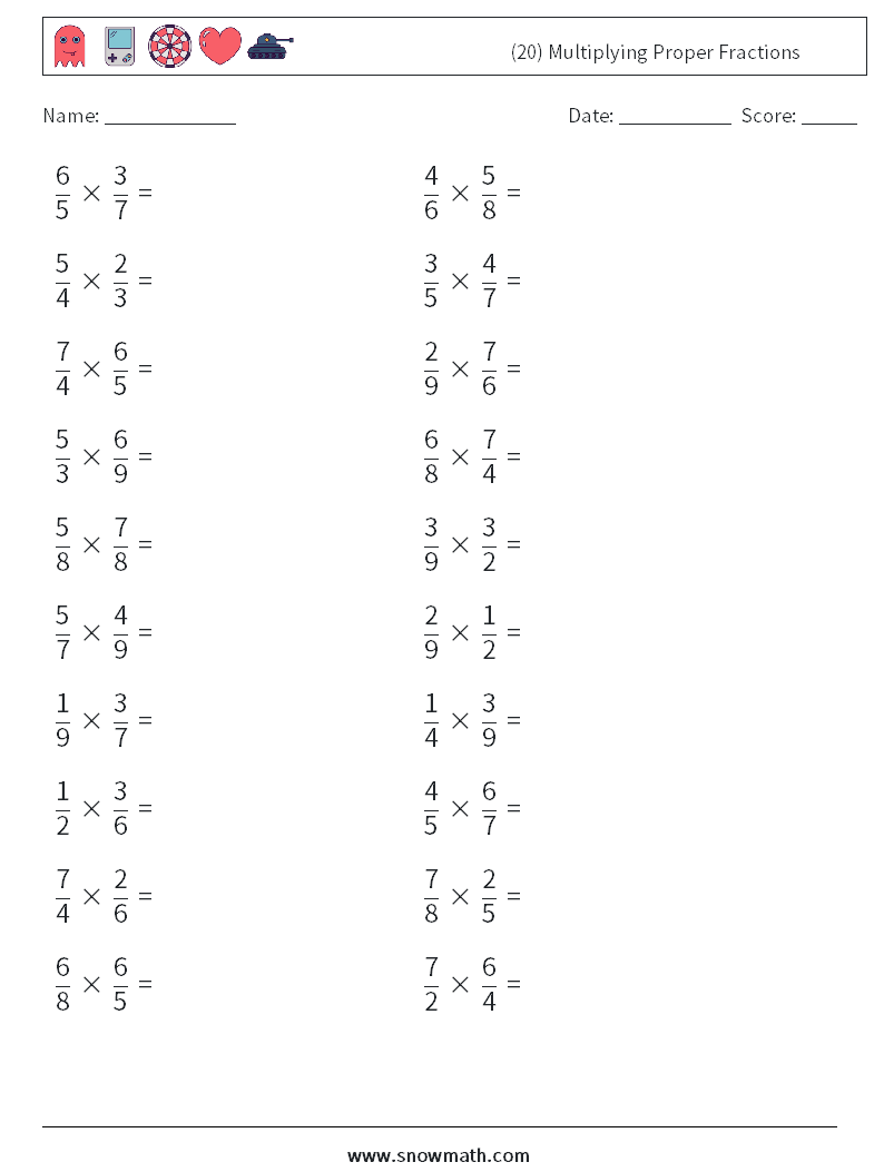 (20) Multiplying Proper Fractions Math Worksheets 13