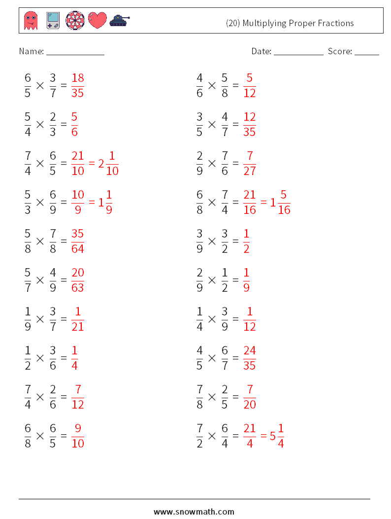 (20) Multiplying Proper Fractions Math Worksheets 13 Question, Answer