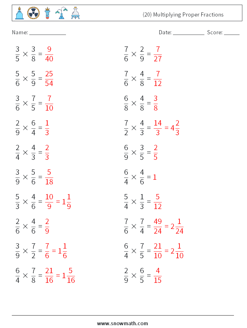 (20) Multiplying Proper Fractions Math Worksheets 15 Question, Answer