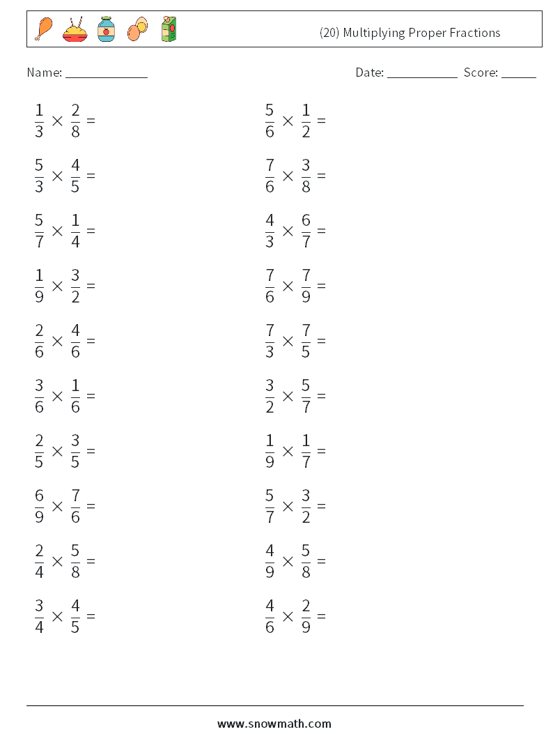 (20) Multiplying Proper Fractions Math Worksheets 16