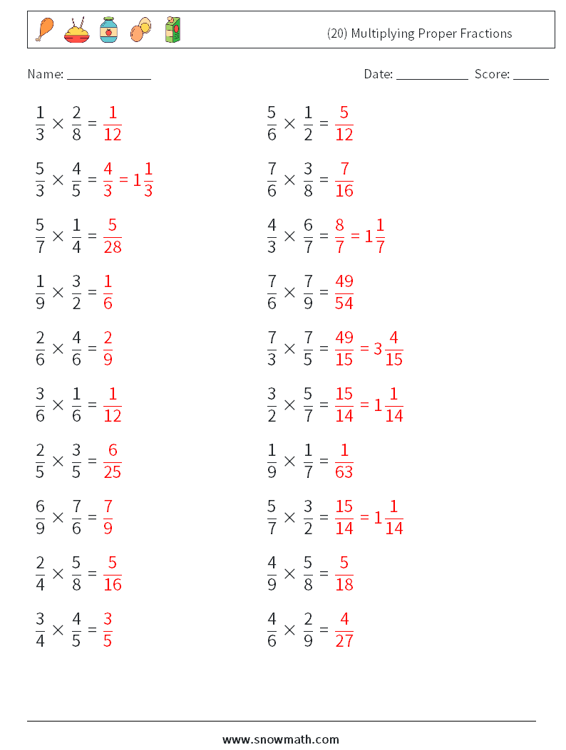 (20) Multiplying Proper Fractions Math Worksheets 16 Question, Answer