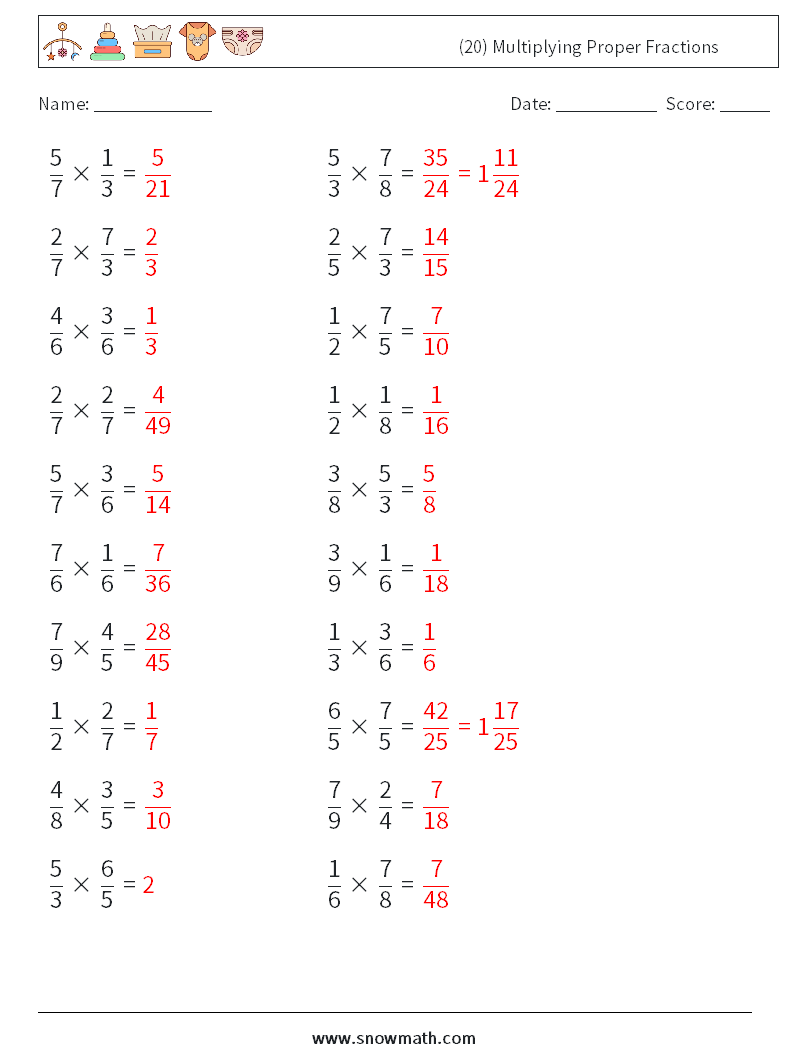 (20) Multiplying Proper Fractions Math Worksheets 17 Question, Answer