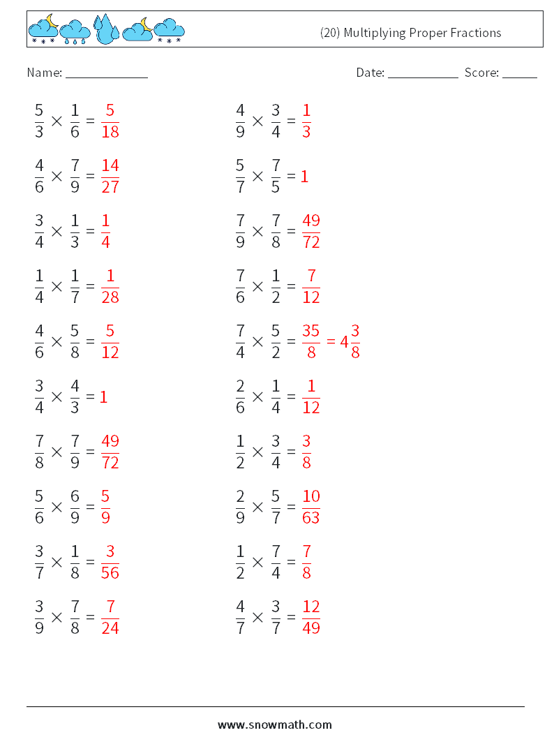 (20) Multiplying Proper Fractions Math Worksheets 18 Question, Answer