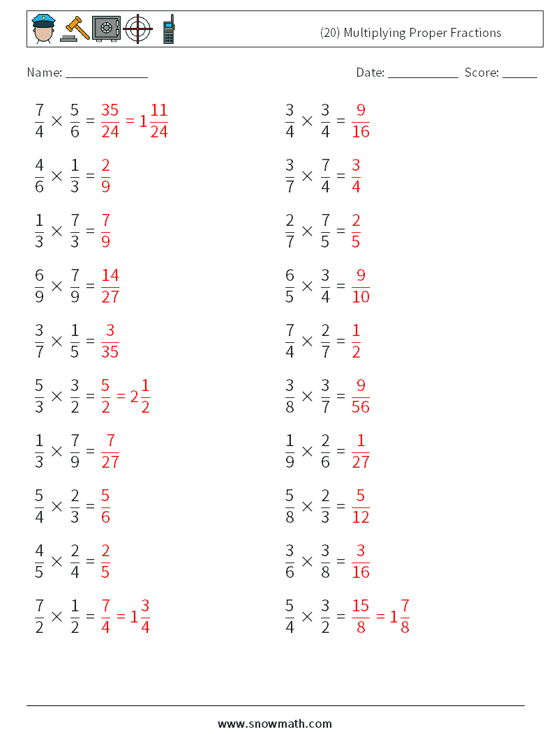 (20) Multiplying Proper Fractions Math Worksheets 1 Question, Answer