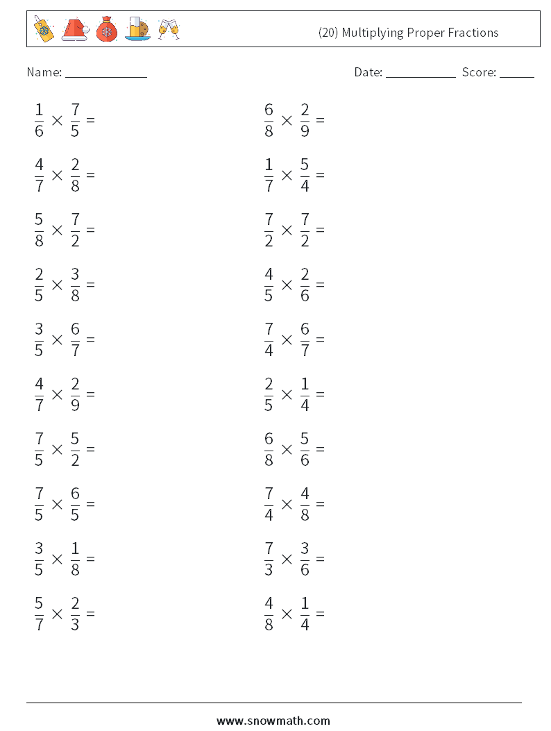 (20) Multiplying Proper Fractions Math Worksheets 2
