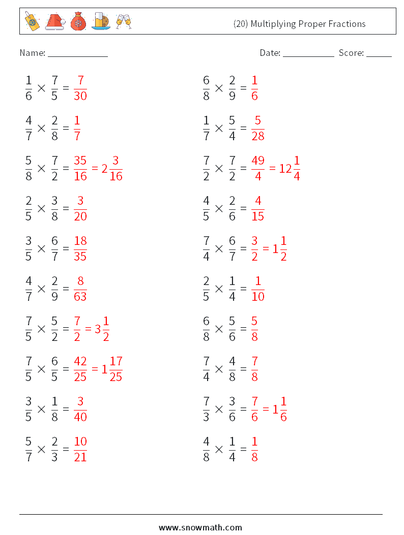 (20) Multiplying Proper Fractions Math Worksheets 2 Question, Answer