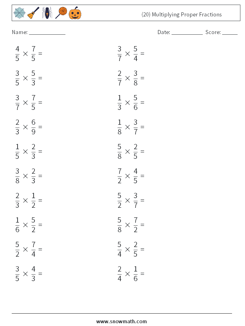 (20) Multiplying Proper Fractions Math Worksheets 3