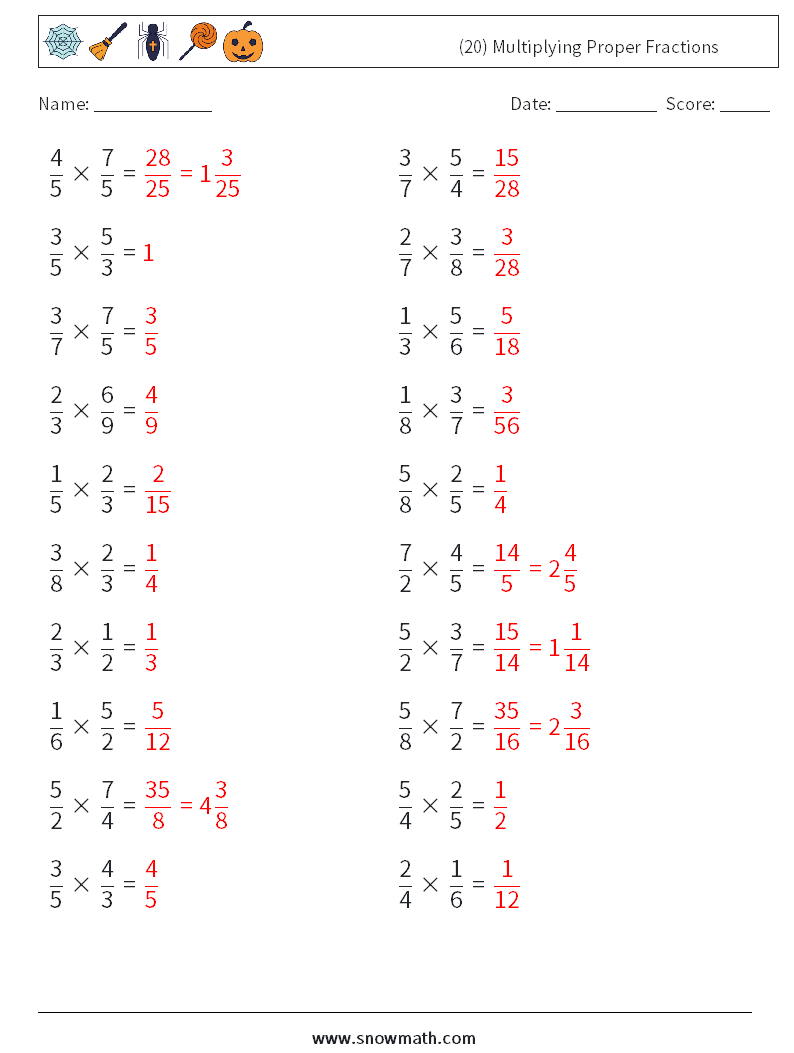 (20) Multiplying Proper Fractions Math Worksheets 3 Question, Answer