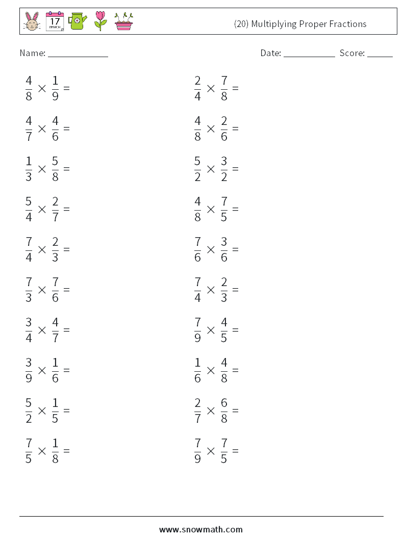 (20) Multiplying Proper Fractions Math Worksheets 4