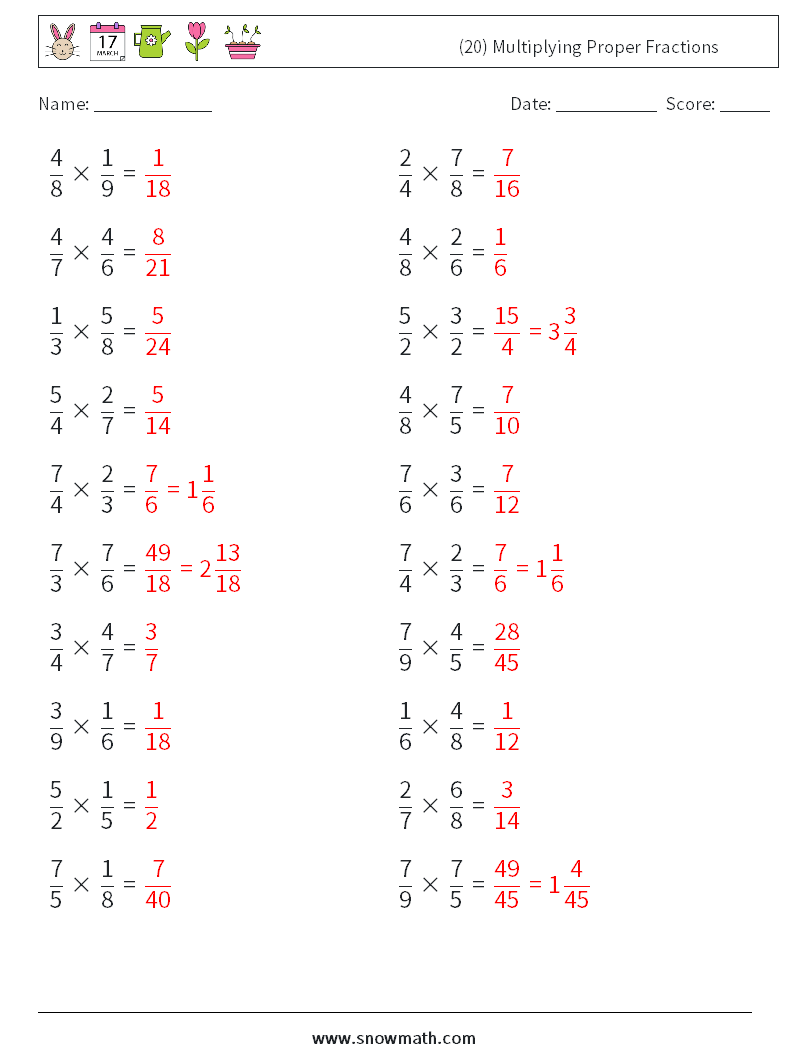 (20) Multiplying Proper Fractions Math Worksheets 4 Question, Answer