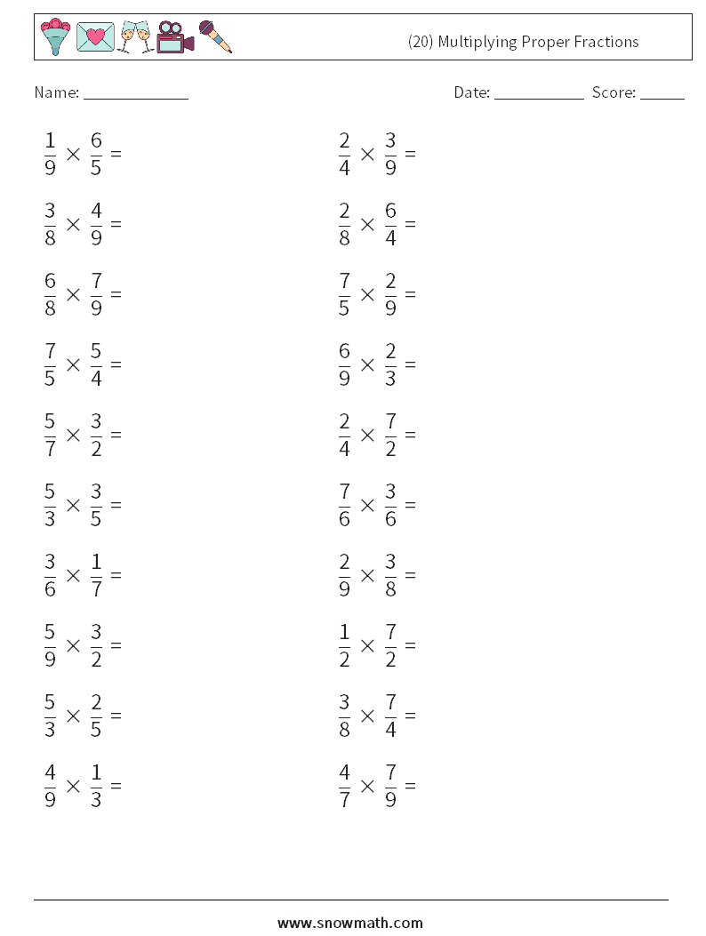 (20) Multiplying Proper Fractions Math Worksheets 5