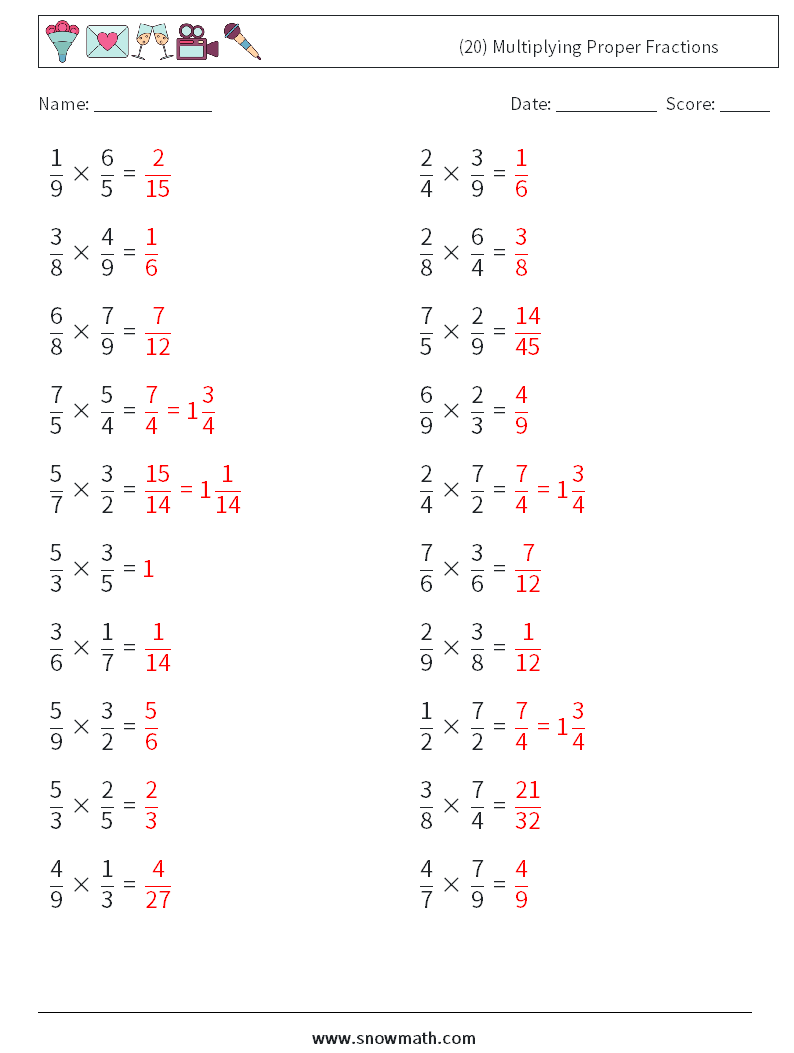 (20) Multiplying Proper Fractions Math Worksheets 5 Question, Answer