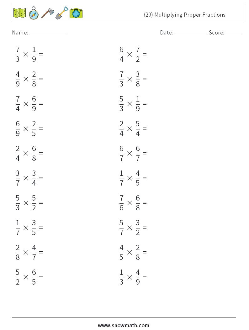 (20) Multiplying Proper Fractions Math Worksheets 6