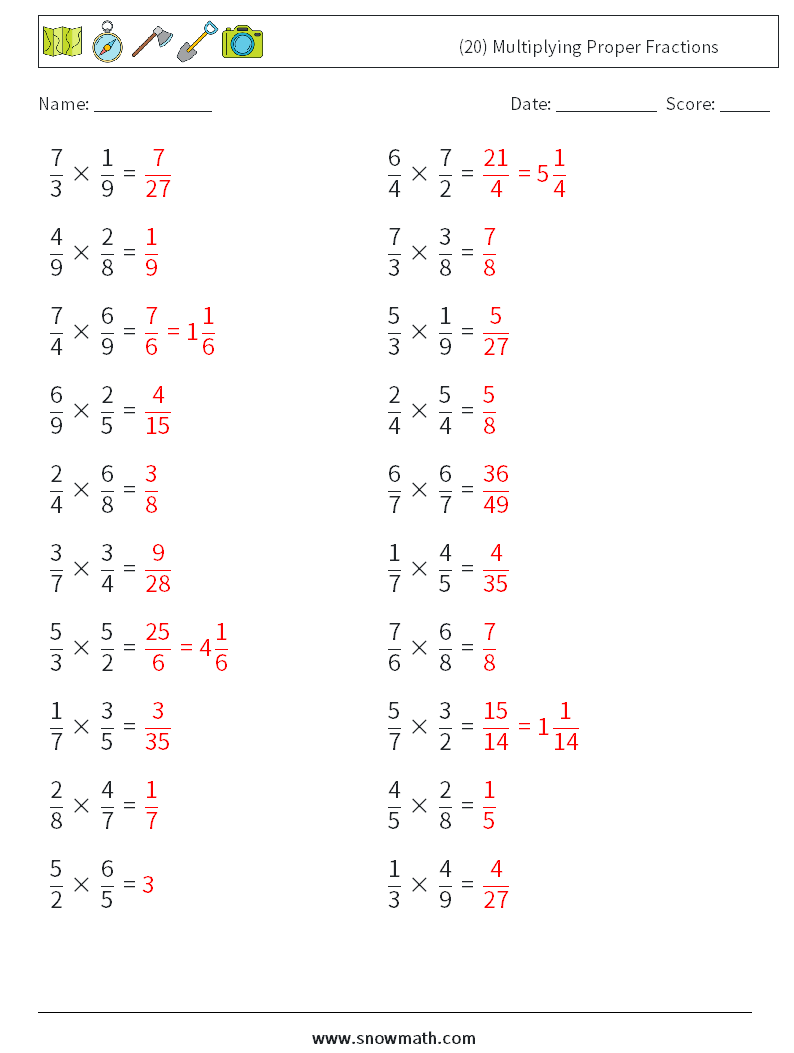 (20) Multiplying Proper Fractions Math Worksheets 6 Question, Answer