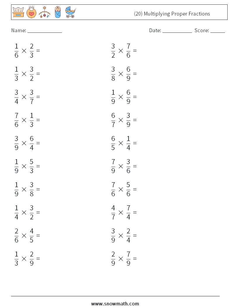 (20) Multiplying Proper Fractions Math Worksheets 7